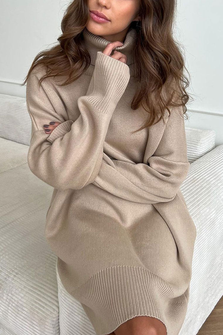 Laidback Turtleneck Long Sleeve Shift Winter Oversized Sweater Mini Dress - Khaki