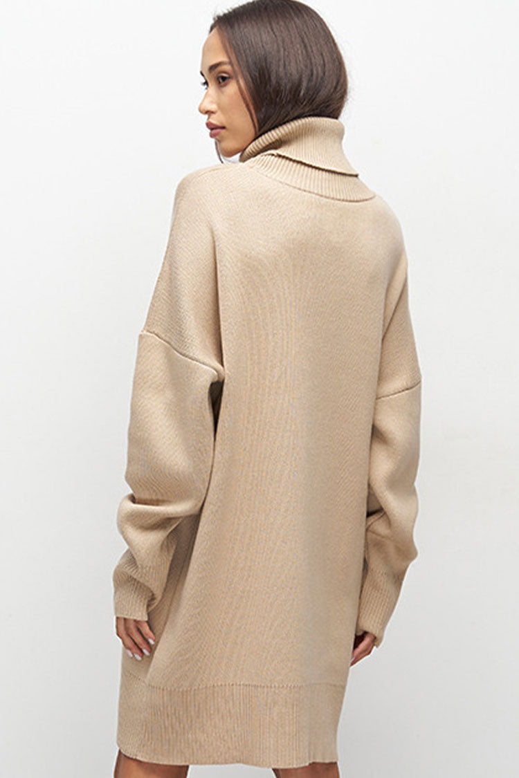 Laidback Turtleneck Long Sleeve Shift Winter Oversized Sweater Mini Dress - Khaki