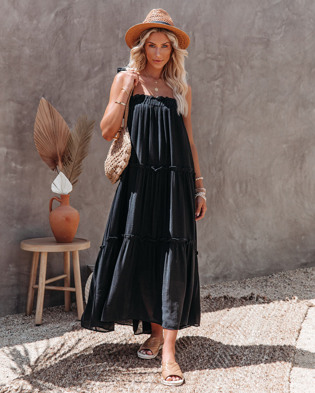 The Catch Sun Tiered Midi Dress Black