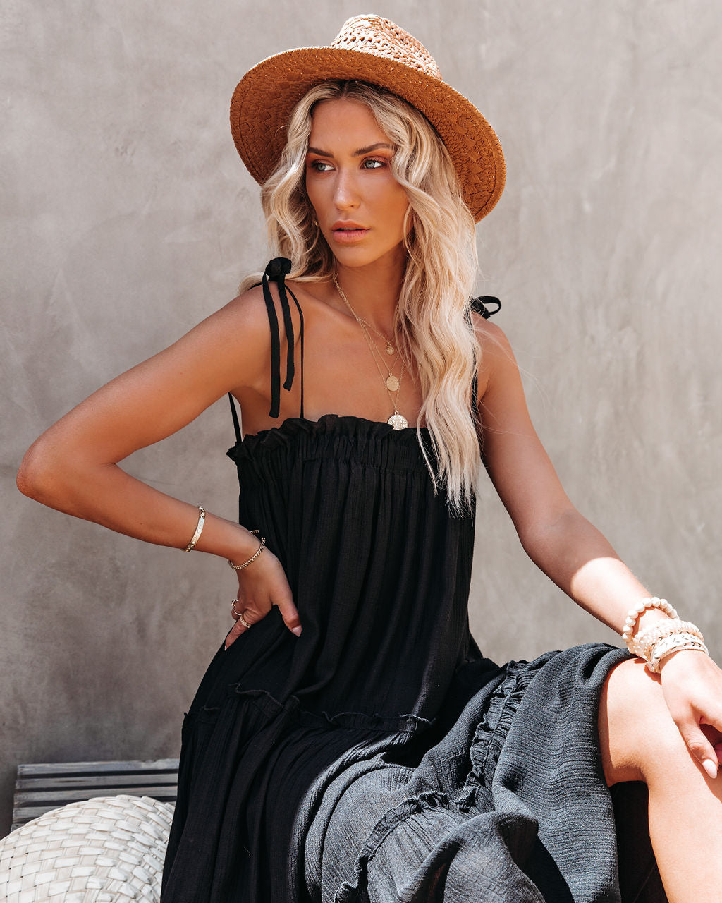 The Catch Sun Tiered Midi Dress Black
