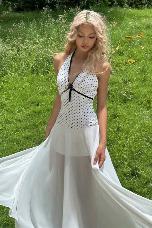 Floral Edition Print Polka Dot Backless Tie Maxi Dress