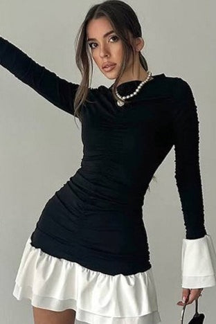 Waist Ruffle Round Neck Mini Dress