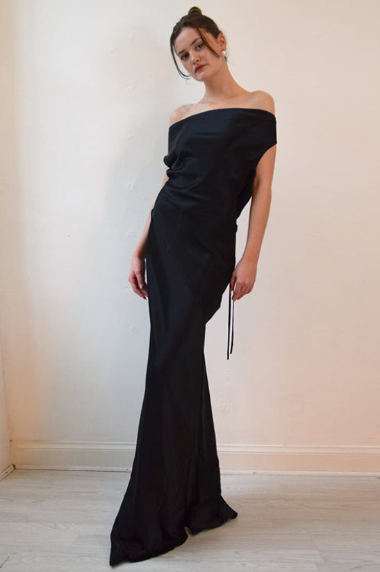 Satin Off Shoulder Backless Tie Waist Slim Fit Long Chic Prom Dress