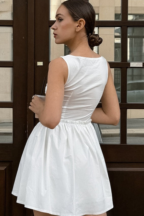 Ruched Buttoned Square Neck Mini Dress