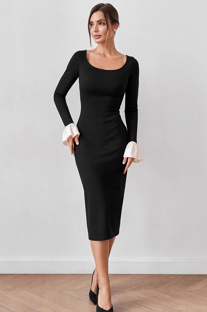 Neck U Lace Panel Midi Dress