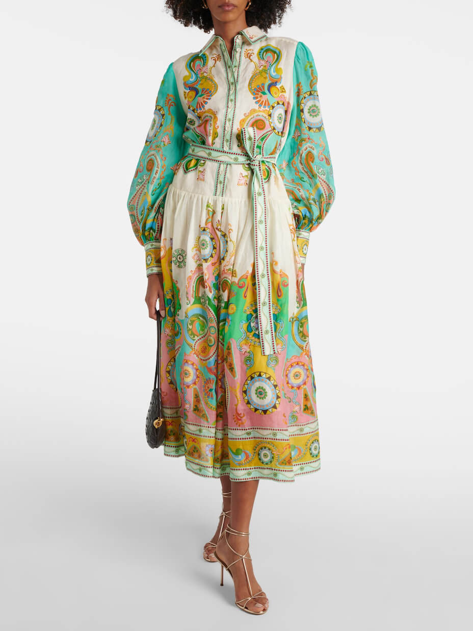Exquisite Unique Fashion Print Puff Sleeve Tie Midi Dress