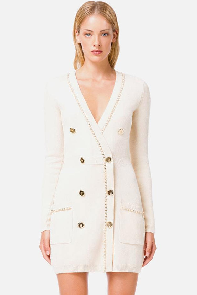 Deep Chained V Long Sleeve Buttoned Sweater Mini Dress - Cream