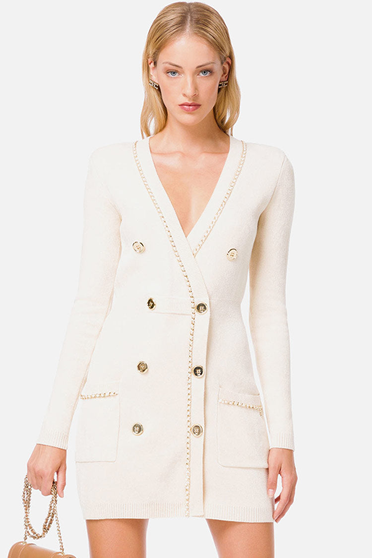 Deep Chained V Long Sleeve Buttoned Sweater Mini Dress - Cream