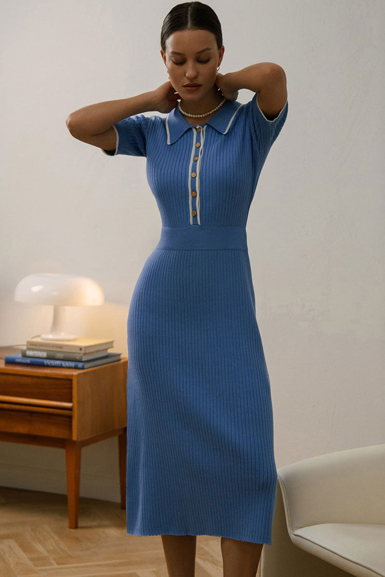 Contrast Chic Collared Short Sleeve Half Button Rib Knit Sweater Midi Dress - Blue