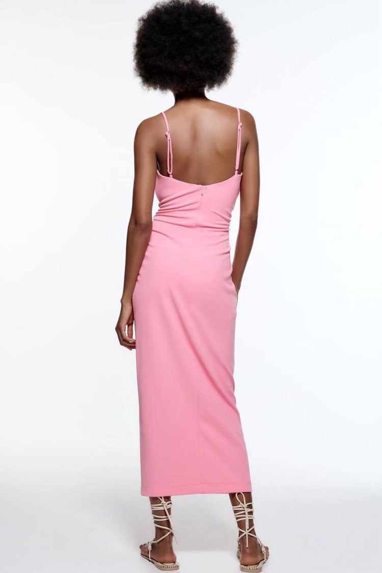 Cowl Chic Neck Tie Side Ruched Trim Split Slip Midi Dress - Pink