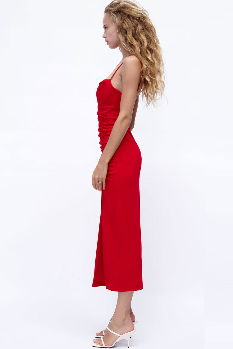 Cowl Chic Neck Tie Side Ruched Trim Split Slip Midi Dress - Red