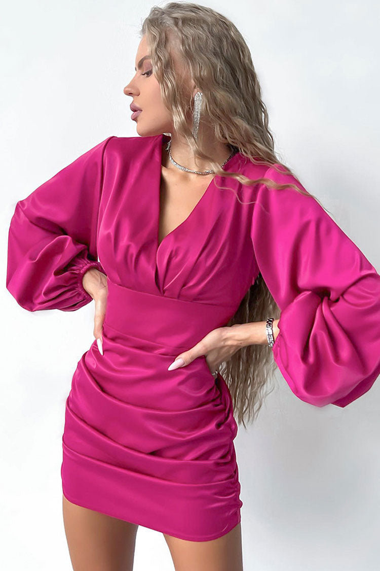 Deep Chic V Bishop Sleeve Ruched Bodycon Party Mini Dress - Hot Pink