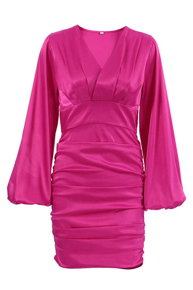 Deep Chic V Bishop Sleeve Ruched Bodycon Party Mini Dress - Hot Pink