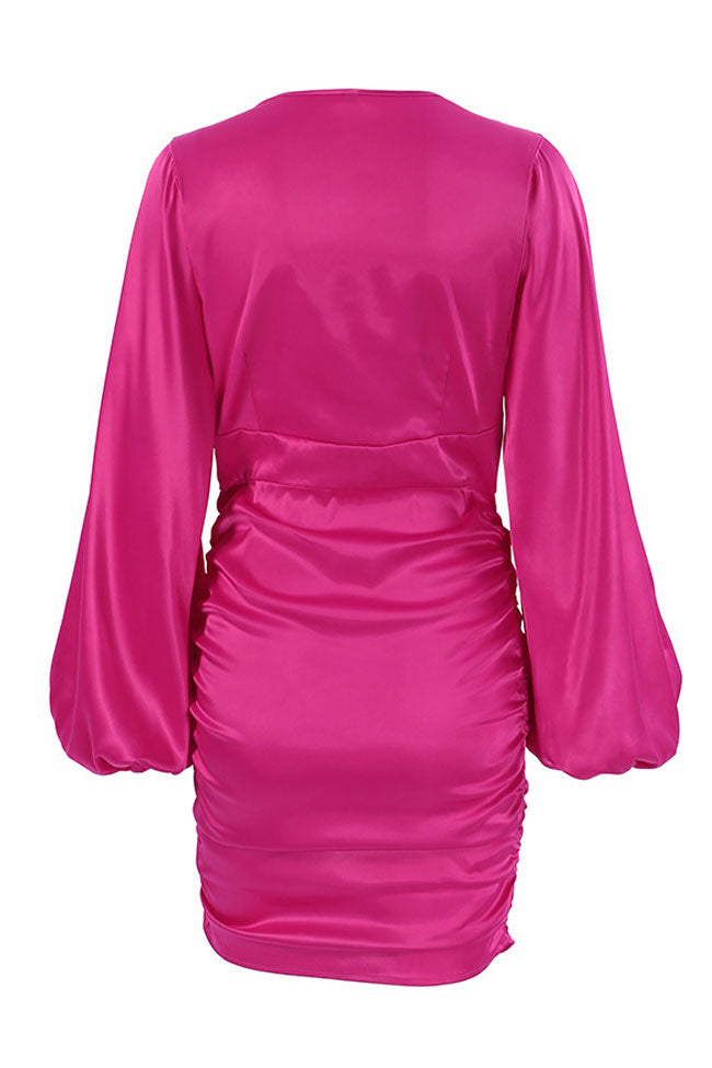 Deep Chic V Bishop Sleeve Ruched Bodycon Party Mini Dress - Hot Pink