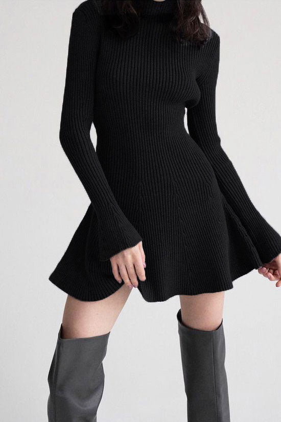 High Chic Neck Flared Long Sleeve Rib Knit Winter Sweater Mini Dress - Black