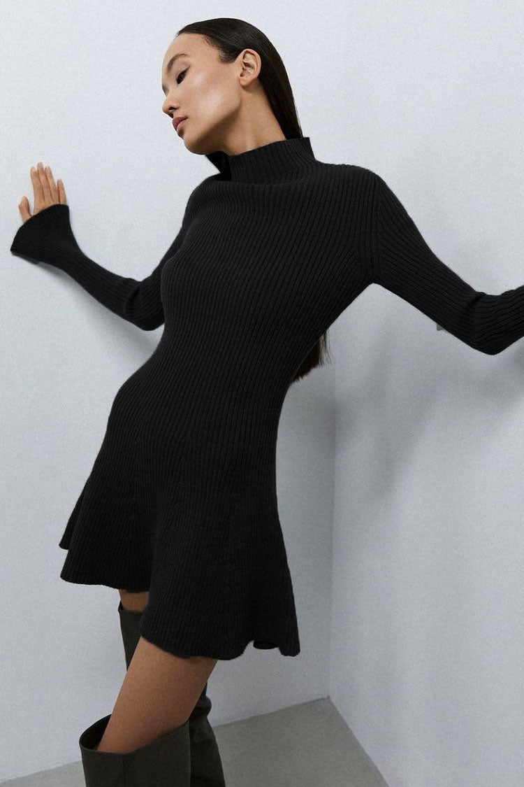 High Chic Neck Flared Long Sleeve Rib Knit Winter Sweater Mini Dress - Black