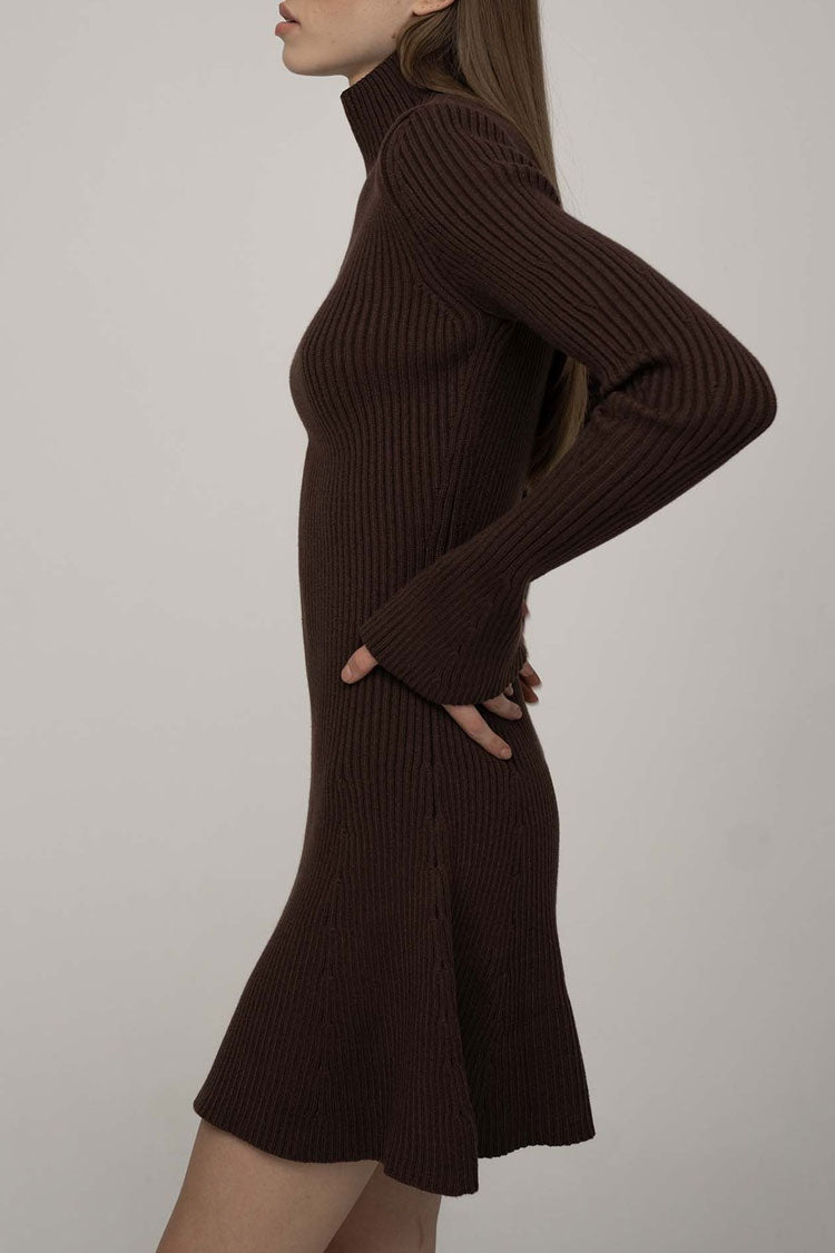 High Chic Neck Flared Long Sleeve Rib Knit Winter Sweater Mini Dress - Coffee