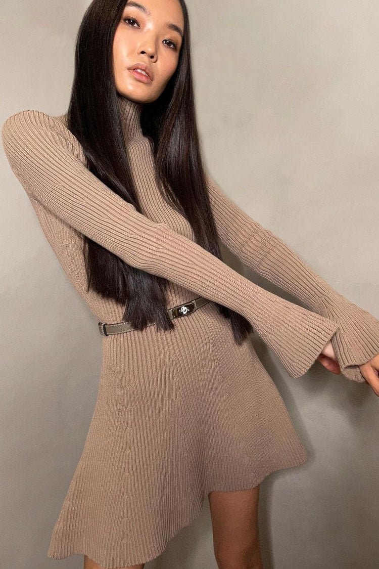 High Chic Neck Flared Long Sleeve Rib Knit Winter Sweater Mini Dress - Khaki