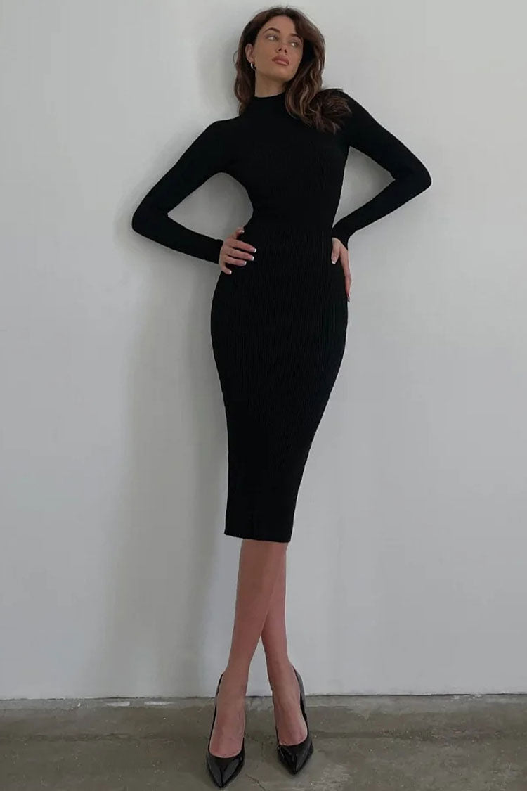 High Chic Neck Long Sleeve Bodycon Rib Knit Sweater Midi Dress - Black