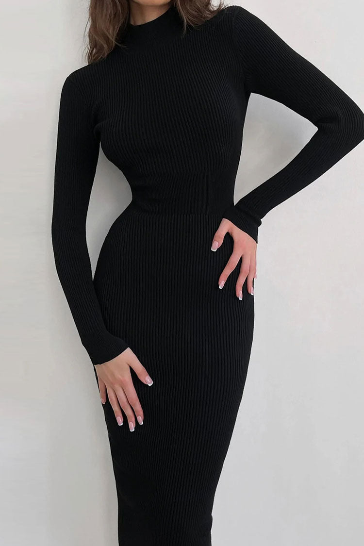 High Chic Neck Long Sleeve Bodycon Rib Knit Sweater Midi Dress - Black