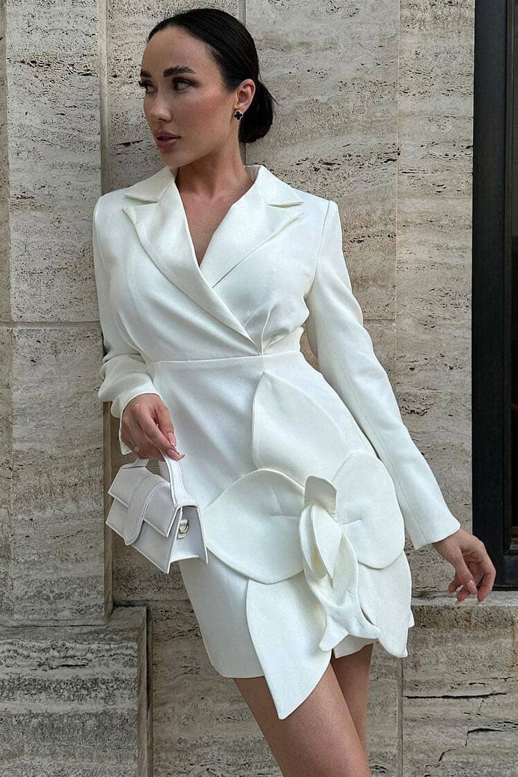 Rosette Chic Applique Lapel Shoulder Pad Long Sleeve Blazer Mini Dress - White