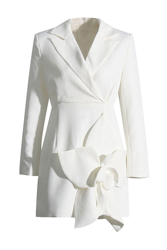 Rosette Chic Applique Lapel Shoulder Pad Long Sleeve Blazer Mini Dress - White
