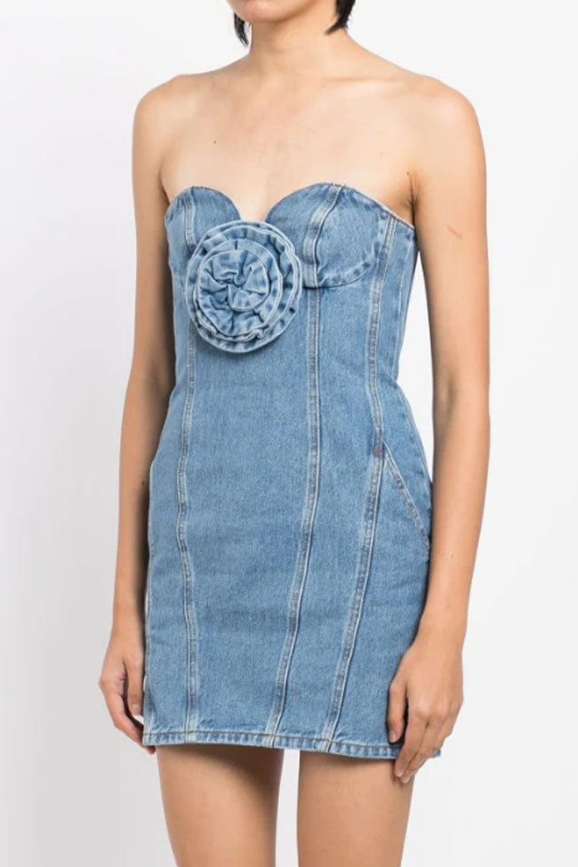 Rosette Chic Applique Sweetheart Bodycon Denim Tube Mini Dress - Blue