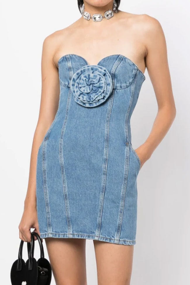 Rosette Chic Applique Sweetheart Bodycon Denim Tube Mini Dress - Blue