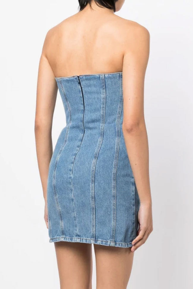 Rosette Chic Applique Sweetheart Bodycon Denim Tube Mini Dress - Blue