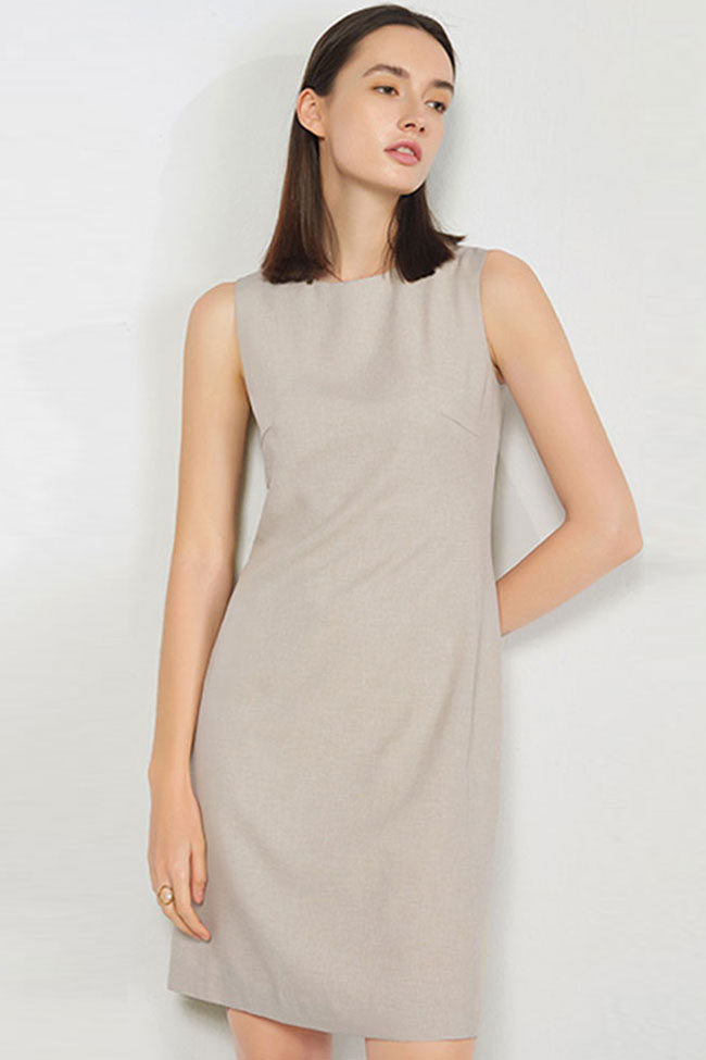 Round Chic Neck Solid Color Fitted Sleeveless Mini Dress Khaki