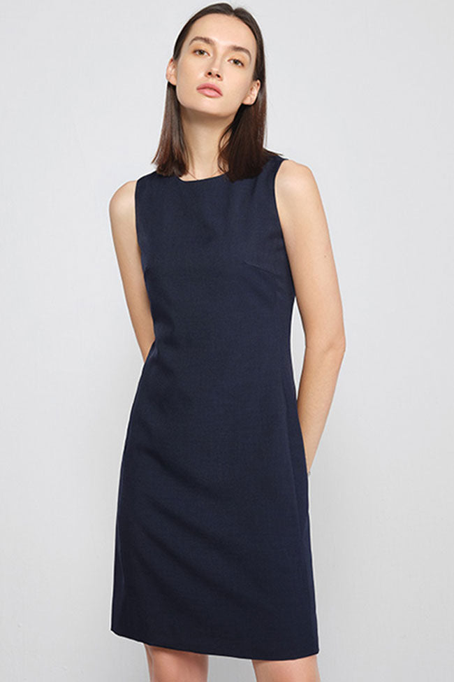 Round Chic Neck Solid Color Fitted Sleeveless Mini Dress - Navy Blue