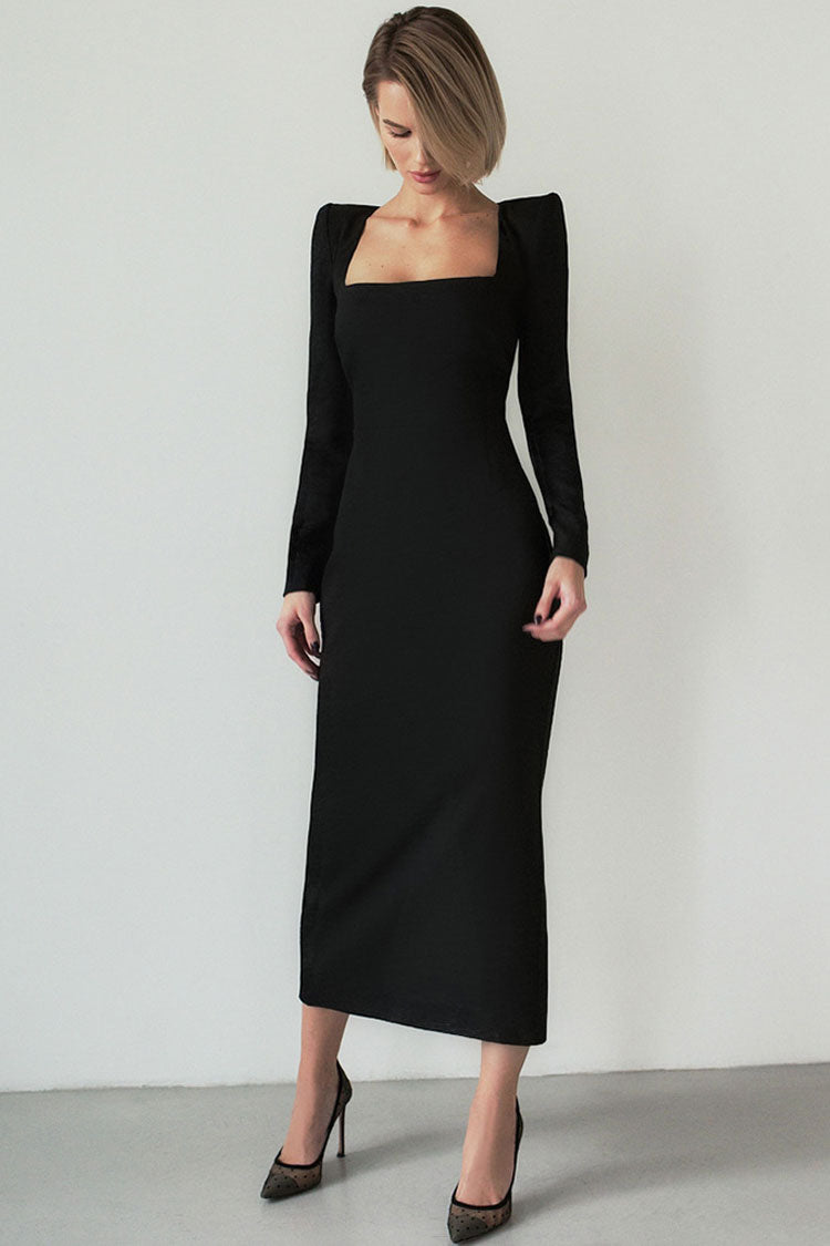Square Chic Neck Padded Long Sleeve Cocktail Party Midi Dress - Black