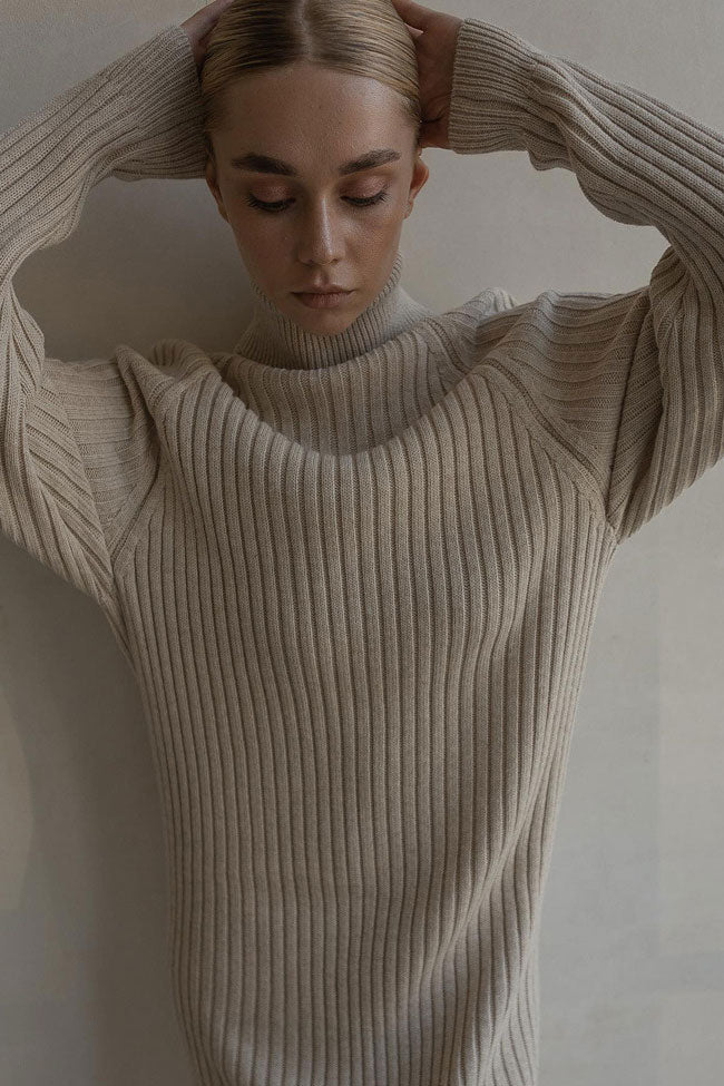 Turtleneck Chic Long Sleeve Chunky Ribbed Knit Winter Sweater Mini Dress - Khaki