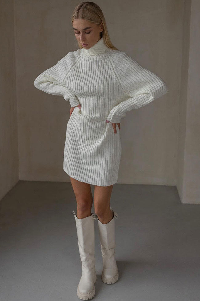 Turtleneck Chic Long Sleeve Chunky Ribbed Knit Winter Sweater Mini Dress - White
