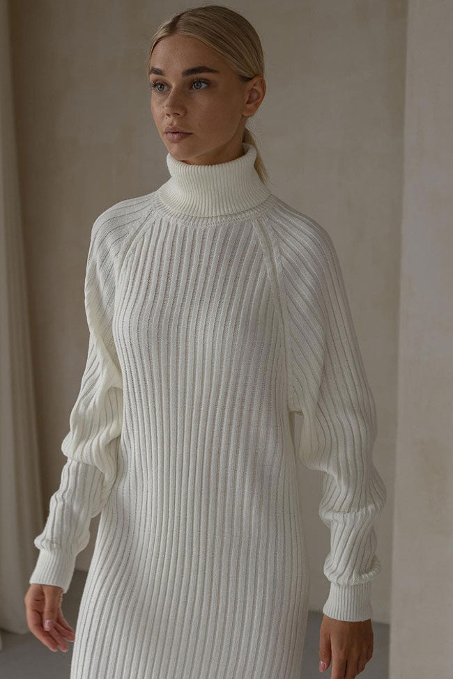 Turtleneck Chic Long Sleeve Chunky Ribbed Knit Winter Sweater Mini Dress - White