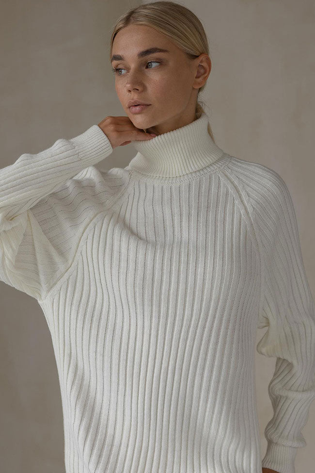 Turtleneck Chic Long Sleeve Chunky Ribbed Knit Winter Sweater Mini Dress - White