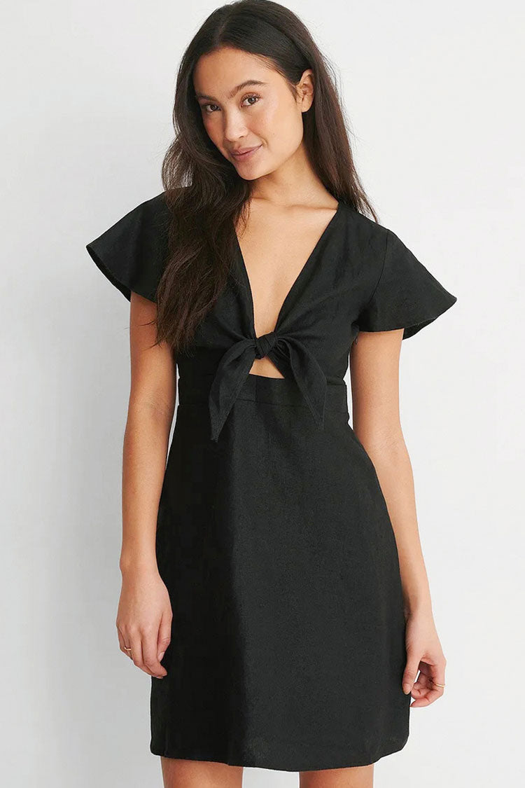 V Chic Neck Bow Tie Front Short Sleeve Beach Vacation Mini Dress - Black
