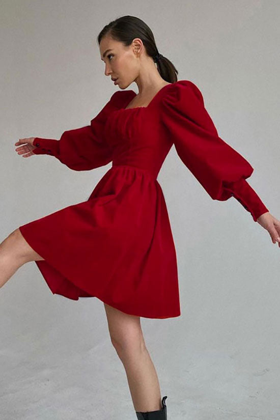 Square Christmas Neck Puff Sleeve Fit & Flare Velvet Party Mini Dress - Red