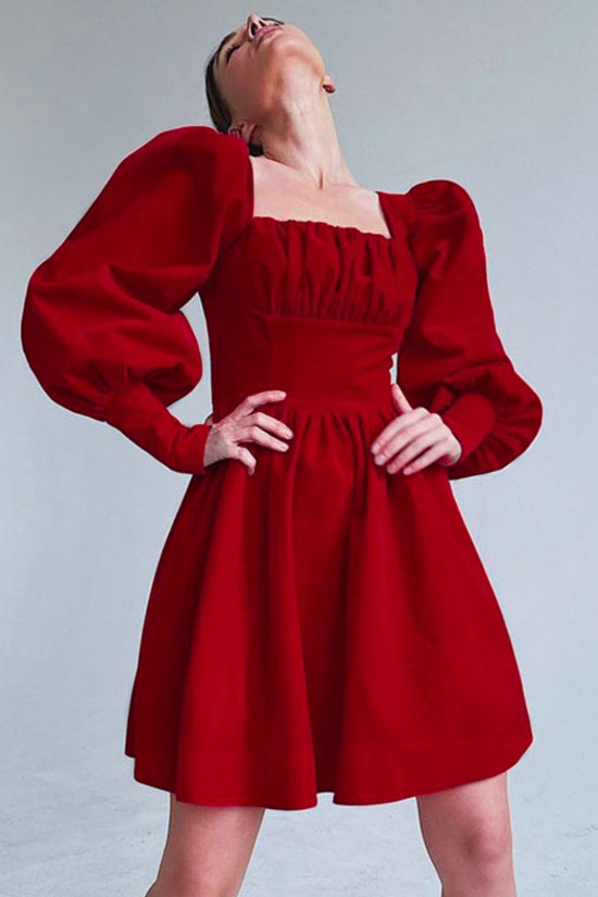 Square Christmas Neck Puff Sleeve Fit & Flare Velvet Party Mini Dress - Red