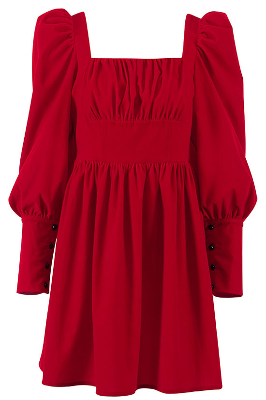 Square Christmas Neck Puff Sleeve Fit & Flare Velvet Party Mini Dress - Red