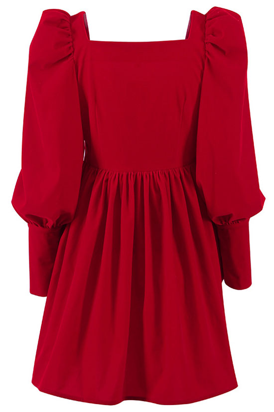 Square Christmas Neck Puff Sleeve Fit & Flare Velvet Party Mini Dress - Red