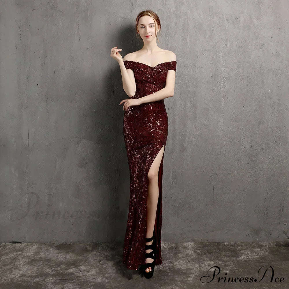 Clara Glitter Off the Graceful Shoulder Split Dress For Prom