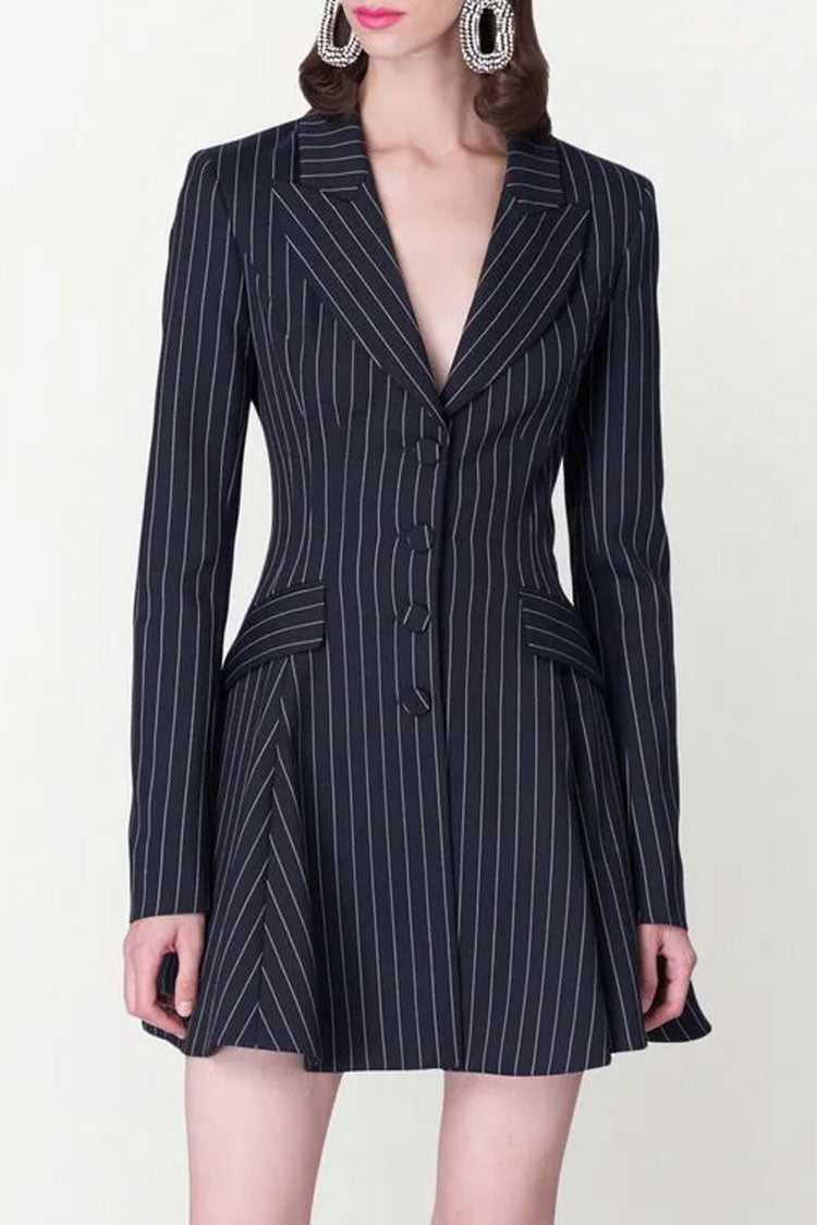 Retro Lapel Button Front Fit & Flare Striped Blazer Mini Dress - Navy Blue