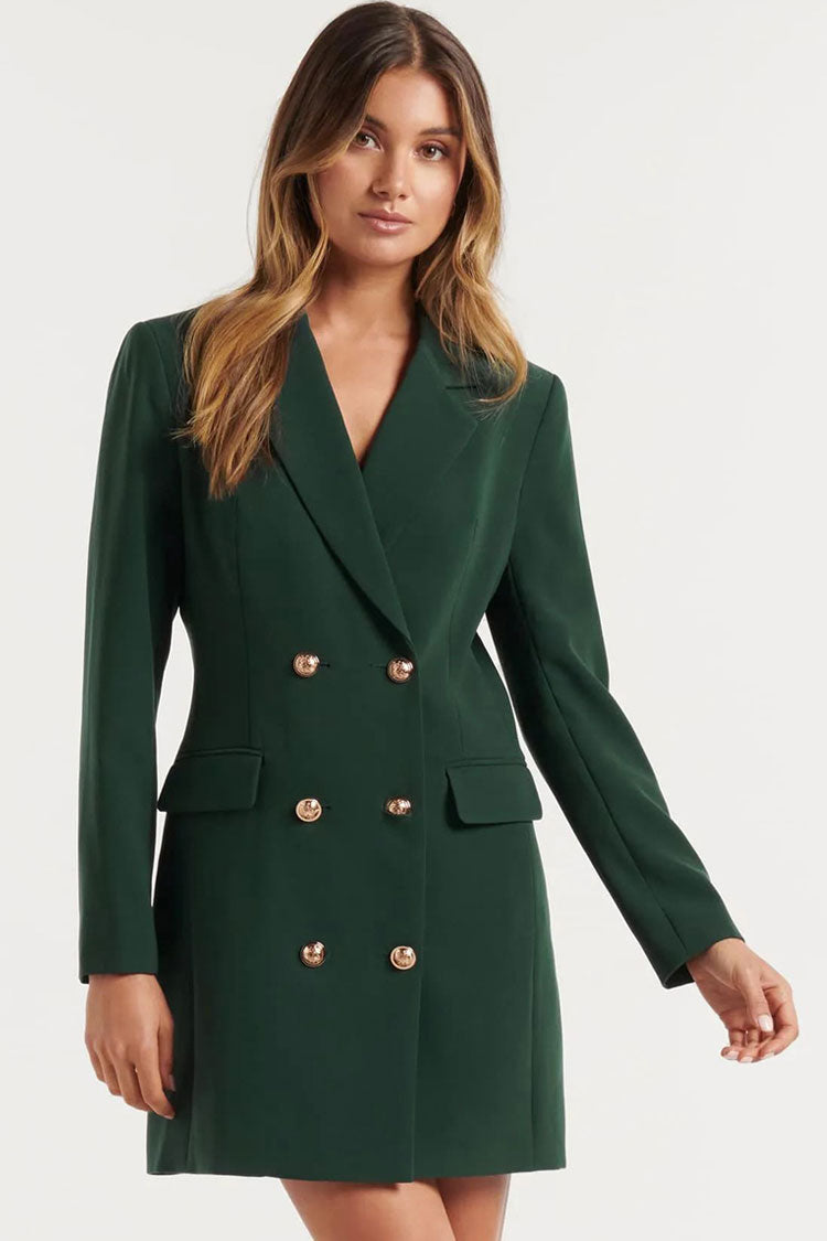 Retro Lapel Collar Double Breasted Blazer Mini Dress - Emerald Green
