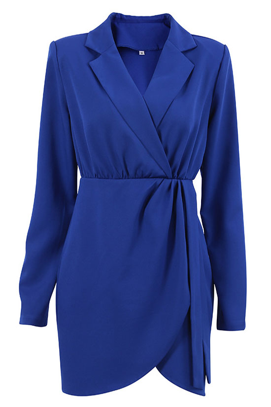 Retro Lapel Collar Shoulder Pad Ruched Long Sleeve Mini Dress - Royal Blue