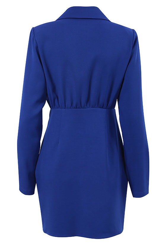 Retro Lapel Collar Shoulder Pad Ruched Long Sleeve Mini Dress - Royal Blue