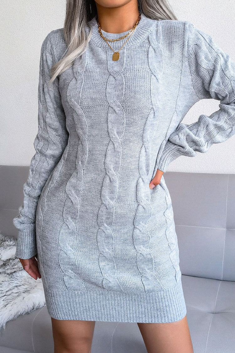Traditional Long Sleeve Winter Cable Knit Pullover Sweater Mini Dress - Gray