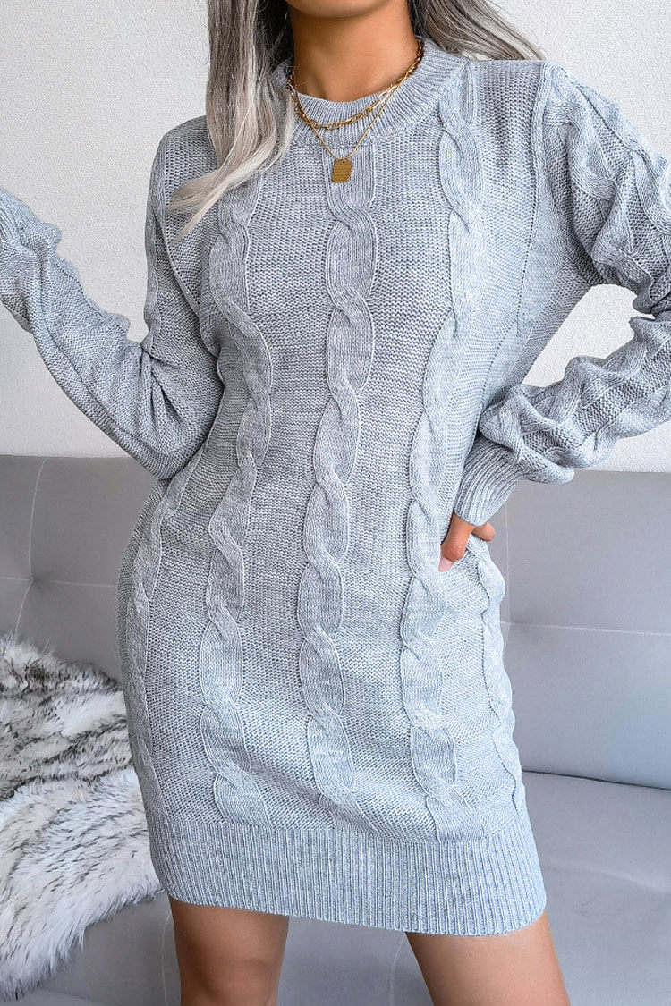 Traditional Long Sleeve Winter Cable Knit Pullover Sweater Mini Dress - Gray