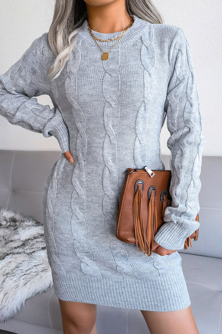 Traditional Long Sleeve Winter Cable Knit Pullover Sweater Mini Dress - Gray