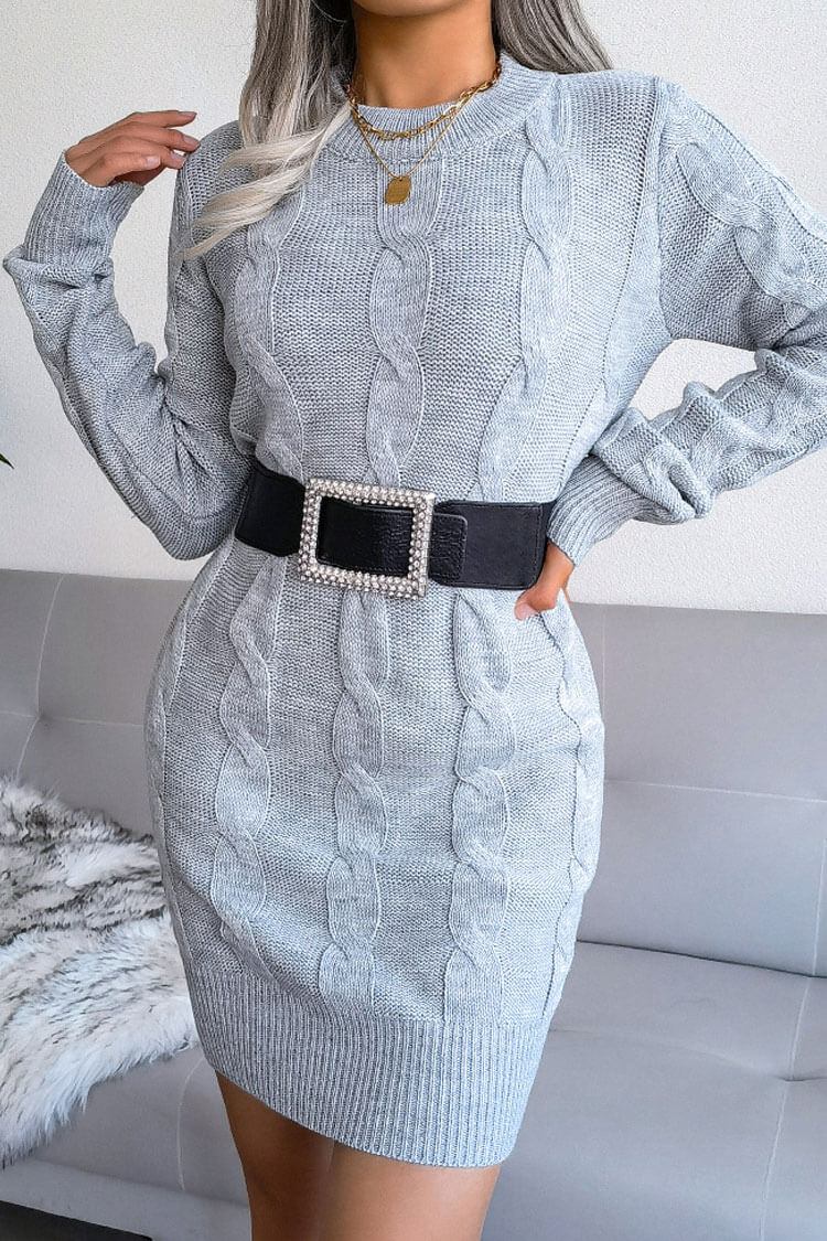 Traditional Long Sleeve Winter Cable Knit Pullover Sweater Mini Dress - Gray